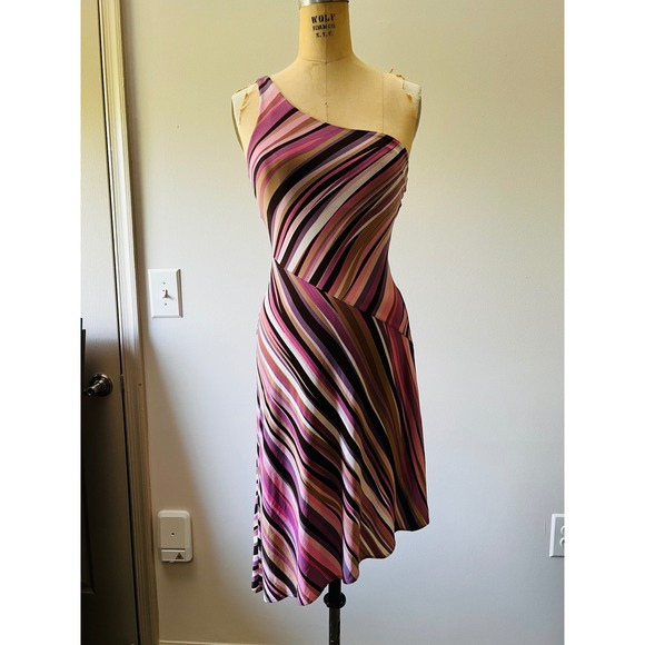 BCBG Max Azria Dresses & Skirts - BCBG Max Azria Y2K One Shoulder Asymmetrical Striped Barbiecore Dress Pink 6